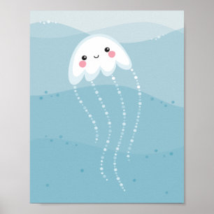 Poster Cute kawaii méduse nageant dans des vagues bleu do