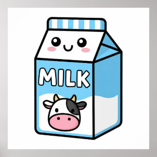 Poster Cute Kawaii Milk Carton Illustration with Cow Icon