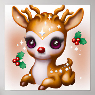 Poster Cute Kawaii Reindeer avec Holly et Parties scintil