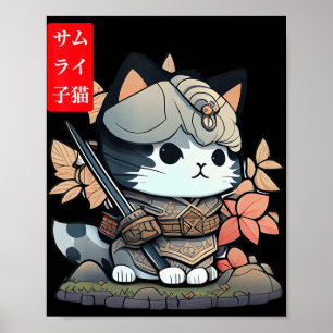 Poster Cute Kawaii Samurai Warrior Kawaii Cat Japanese An