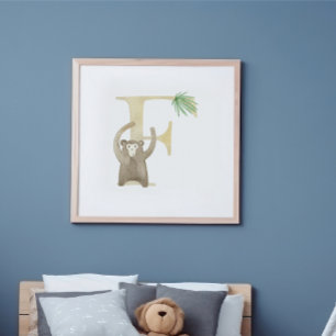 Poster Cute Kids Animal MONKEY Monogram F Nursery