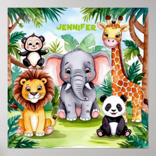 Poster Cute Kids Safari Jungle Animaux Nom Personnalisé