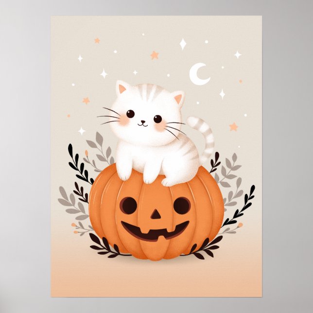 Poster Cute Kitten Assis Sur Citrouille Moderne Halloween (Devant)