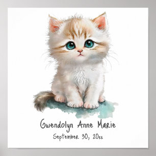 Poster Cute Kitten avec Blue Eyes Aquarelle Nursery Art