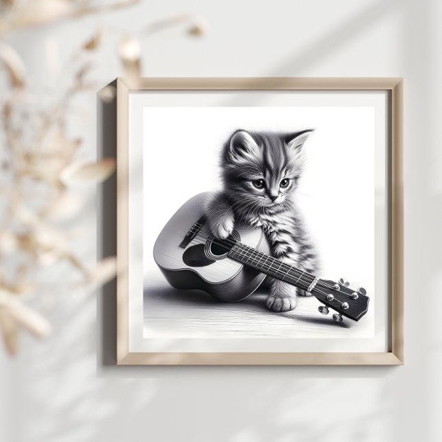 Poster Cute Kitten avec pochoir de guitare acoustique Por (Créateur téléchargé)
