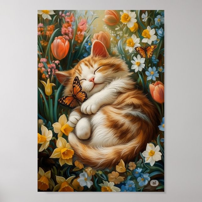 Poster Cute Kitten en Fleurs de Printemps - Jour de Chat  (Devant)