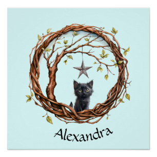 Poster Cute Kitten noir regarder une étoile