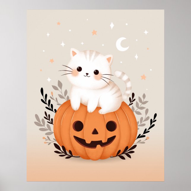 Poster Cute Kitten Sitting On Pumpkin Modern Halloween  (Devant)