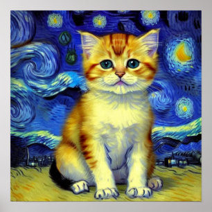 Poster Cute Kitten Starry Night Van Gogh