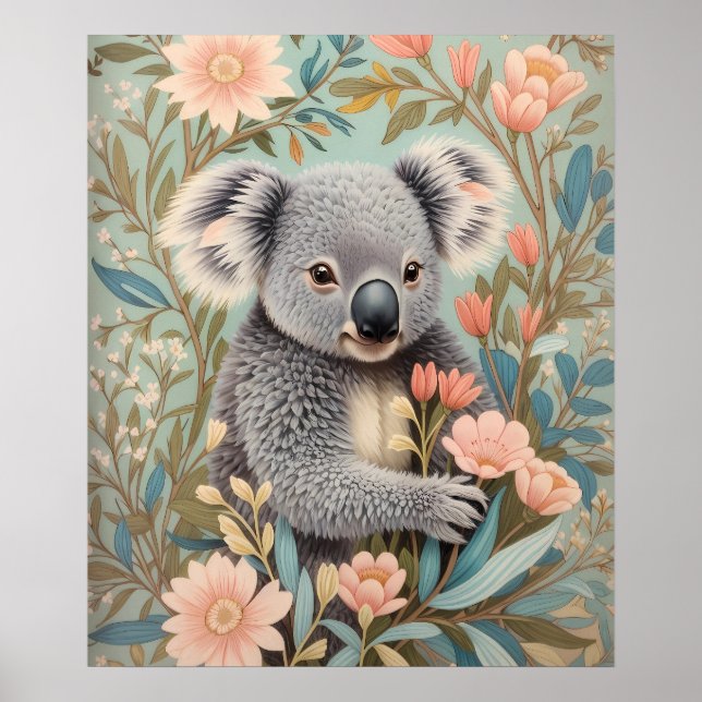 Poster Cute Koala Elegant Pastel Floral (Devant)