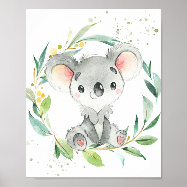Poster Cute Koala Eucalyptus Vert Enfants Mur Art (Devant)