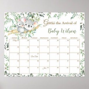 Poster Cute Koalas Greenery Guess Baby's due Date de Jeu