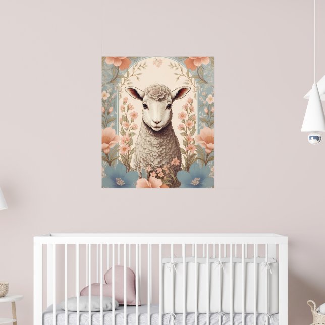 Poster Cute Lamb Delicate Pastel Floral (Pépinière 2)