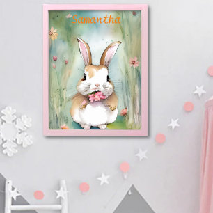 Poster Cute Lapin Lapin Pastel Aquarelle Fleurs de printe