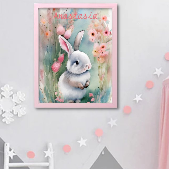 Poster Cute Lapin Lapin Pastel Aquarelle Fleurs de printe (Créateur téléchargé)