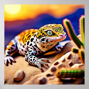 Poster Cute Leopard Gecko Sunset Desert Design