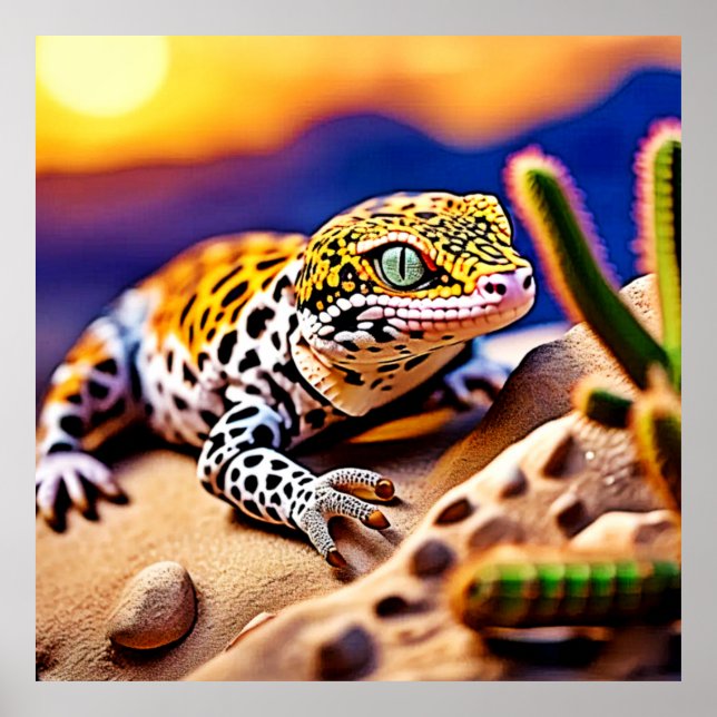 Poster Cute Leopard Gecko Sunset Desert Design (Devant)