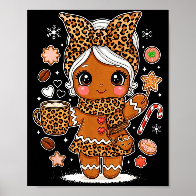 Poster Cute Leopard Gingerbread Girl Coquette Bow Holiday (Devant)