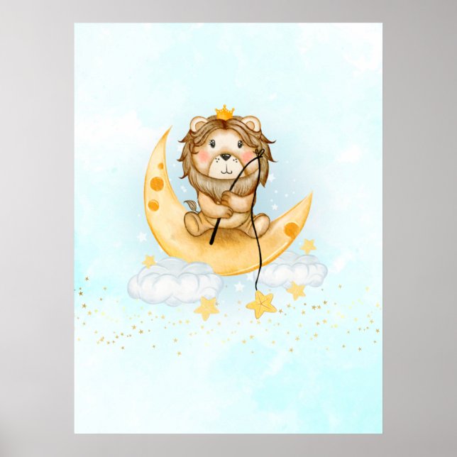 Poster Cute Lion Pêche sur l'aquarelle de la lune (Devant)
