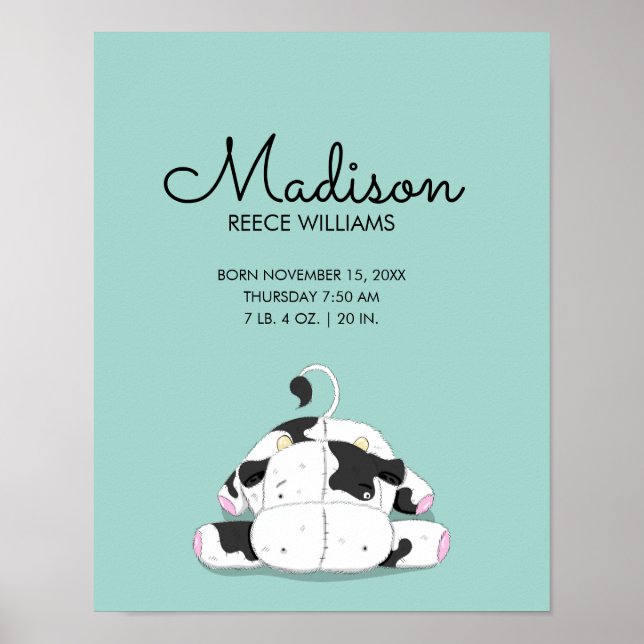 Poster Cute Little Cow Baby Birth Stats Nursery Imprimer (Devant)