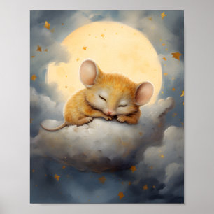 Poster Cute Little Mouse dormir sur un nuage