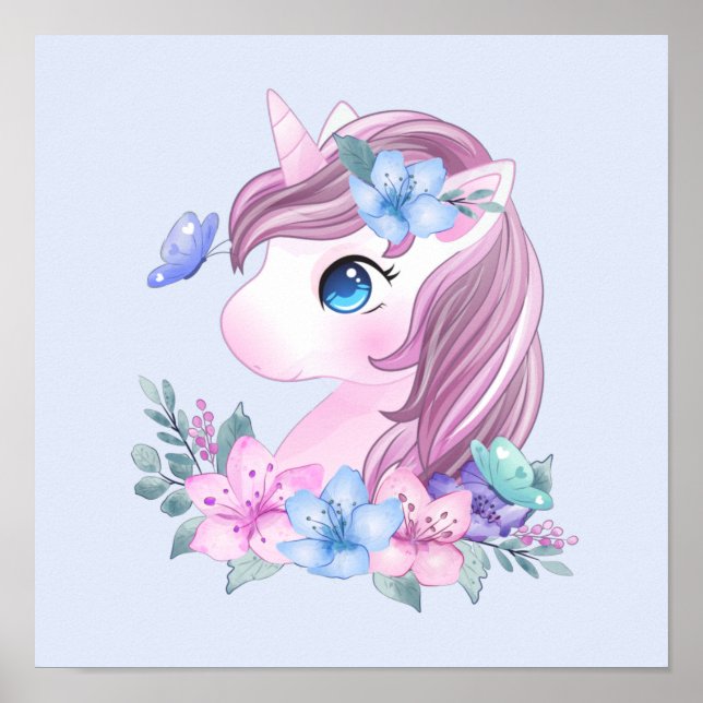 Poster Cute & Magique Baby Unicorne avec gros yeux (Devant)