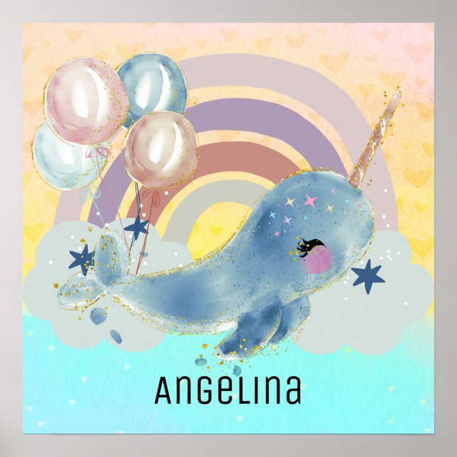 Poster Cute Magique Mer Unicorne Nom personnalisé (Devant)
