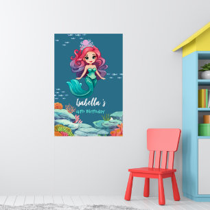 Poster Cute Mermaid Rainbow couronne colorée fête d'anniv