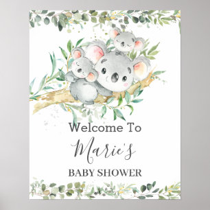 Poster Cute Mom Koala Twins Verdure Baby shower neutre