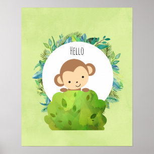 Poster Cute Monkey Peeking Out from Behind a Bush Hello