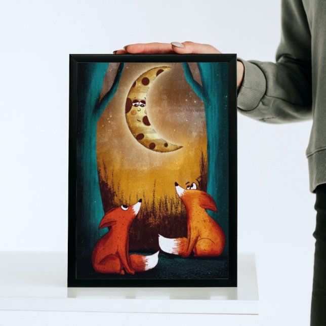 Poster Cute Moon Night Forest Foxes Nature Kids Nursery (Créateur téléchargé)