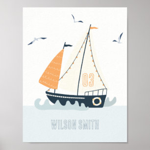 Poster Cute Nautical Blue Sailboat Pastel Kids Nursery