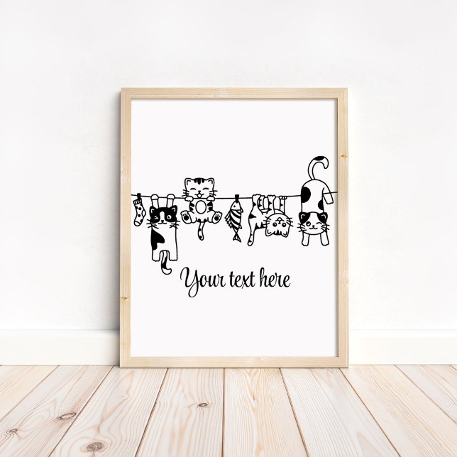 Poster Cute noire et blanche Chatons à pendre Personnalis (Black and White Cute Hanging Kittens Custom Poster in a neutral wooden frame)