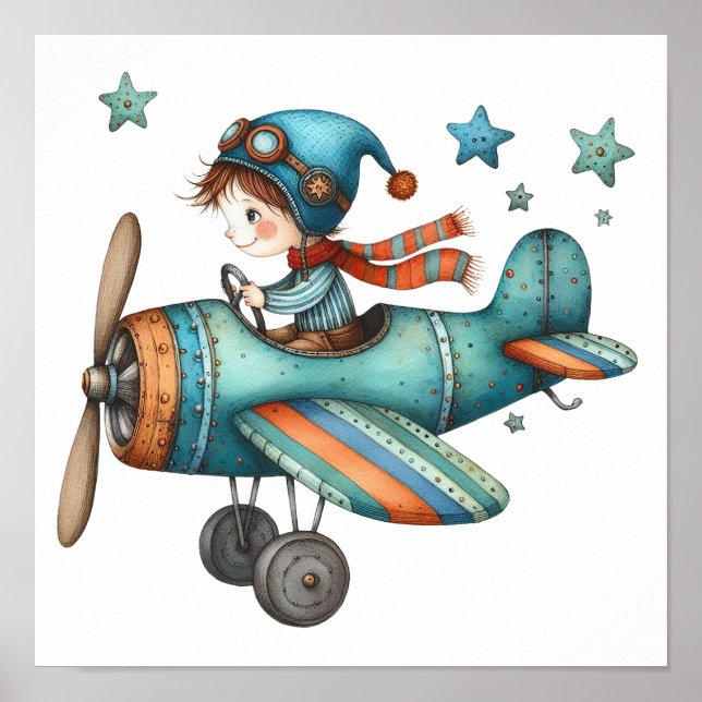 Poster Cute Nursery Art Enfant Voler Vieux Avion (Devant)