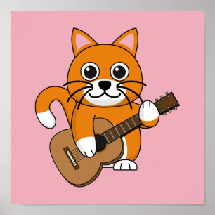 Poster Cute Orange Chat Blanc Jouer Caricature Guitare