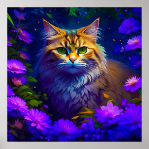 Poster Cute Orange Kitty Chat en Fleurs