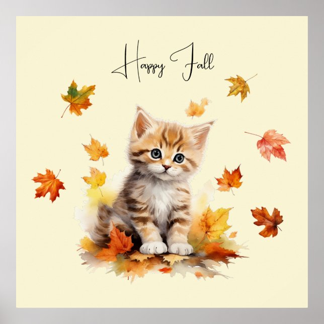 Poster Cute Orange Tabby Kitten dans les feuilles d'autom (Devant)