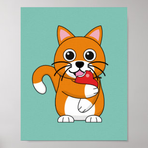 Poster Cute Orange White Cat Eating Red Apple Cartoon