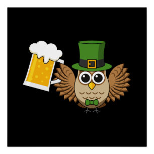Poster Cute Owl Boire de la bière Drôle Saint Patrick's D