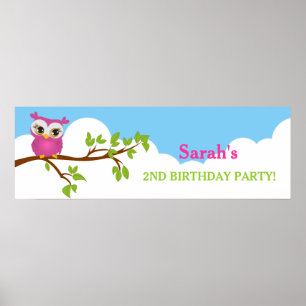 Poster Cute Owl sur Branche Fille Anniversaire Bannière