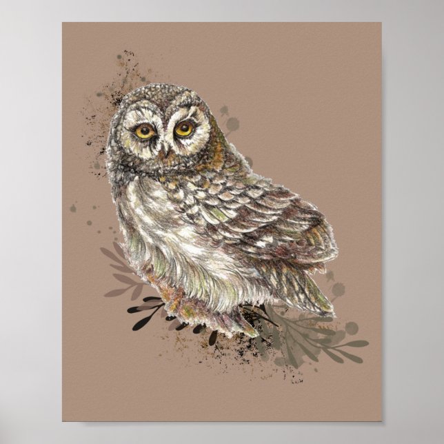 Poster Cute Owl, Watercolor Bird Nature Taupe (Devant)