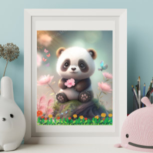 Poster Cute Panda assis dans le jardin fleuri rose Art