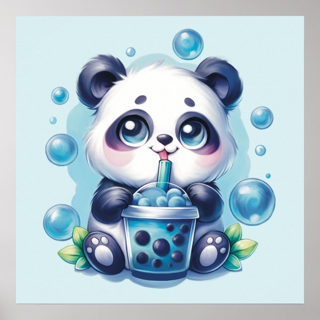 Poster Cute Panda et Blue Boba Bubble Tea (Devant)