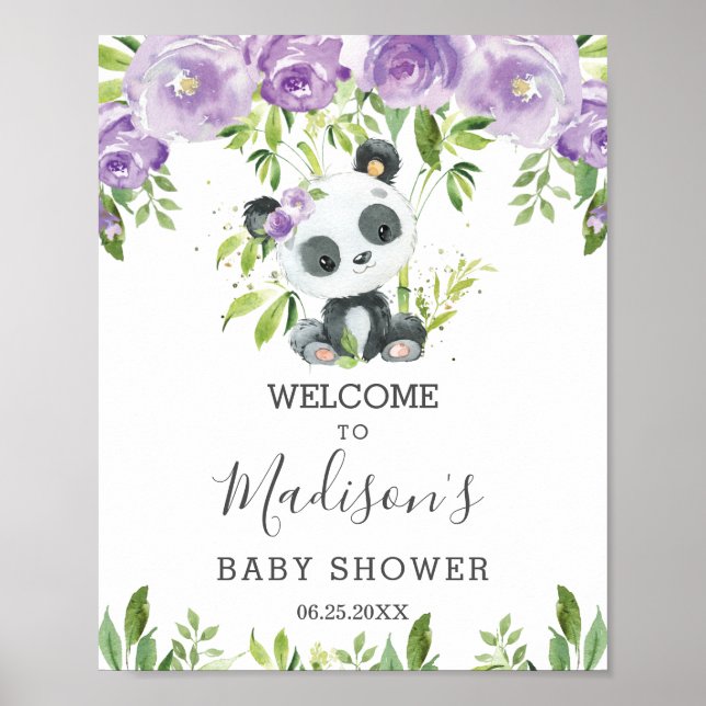 Poster Cute Panda Purple Floral Vert Bambou Bienvenue (Devant)