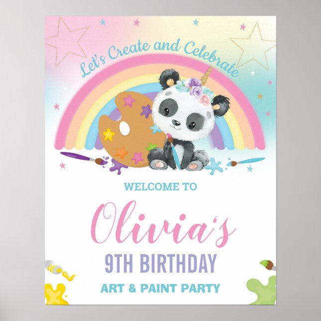 Poster Cute Panda Rainbow Paint Art Anniversaire Bienvenu (Devant)