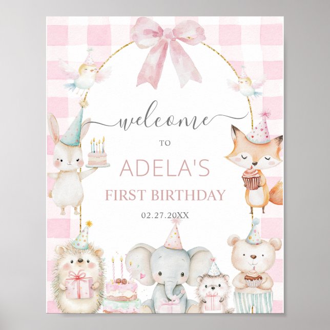 Poster Cute Party Animals Fun To Be One 1st Birthday Pink (Devant)