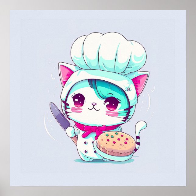 Poster Cute pâtisserie boulangère Chef Chat avec gâteau e (Devant)
