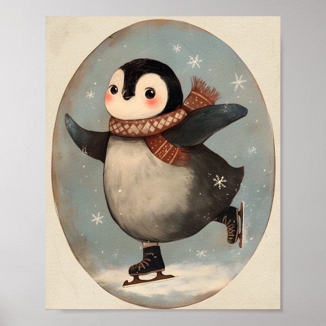Poster Cute Penguin Ice Skating | Nursery wall Art (Devant)