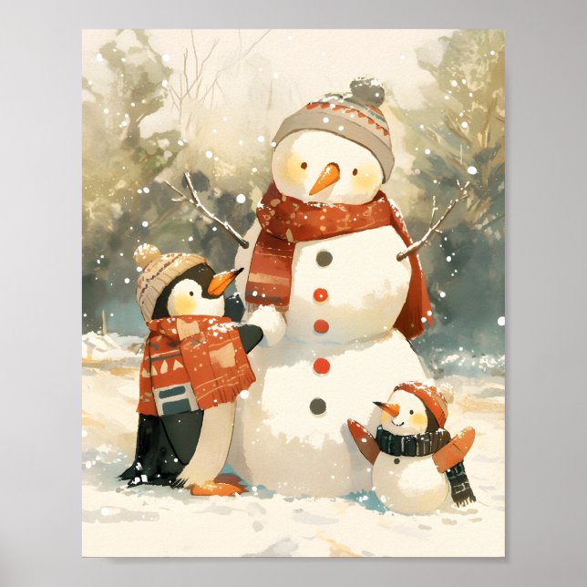 Poster Cute Penguins & Snowman – Cozy Winter Watercolor (Devant)