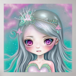 Poster Cute Petite Sirène mignonne turquoise visage cadea